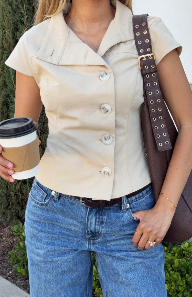 Reegan Beige Button Collar Top view 4